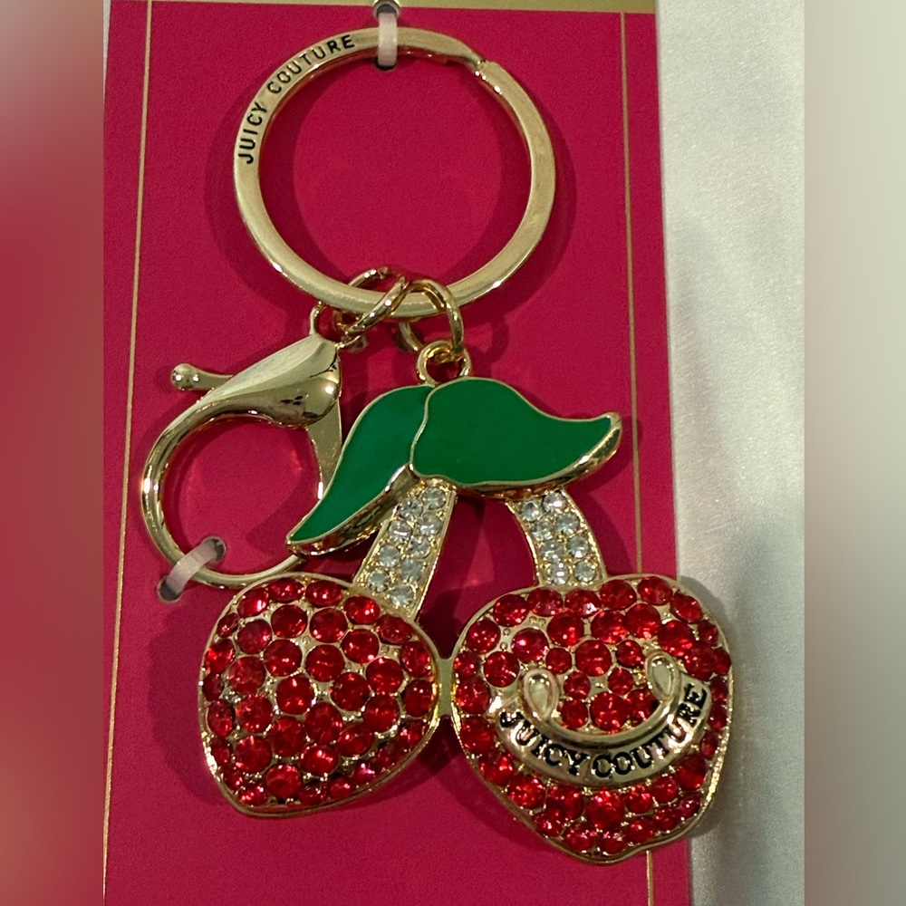Juicy Couture Red Crystal Cherry and Apple Keychain with Green Leaf NWT